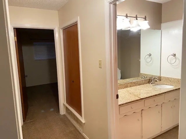 bathroom with vanity and a textured ceiling