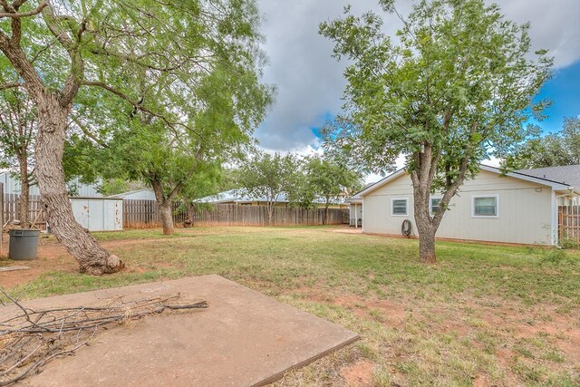 view of yard featuring a storage shed and a patio area