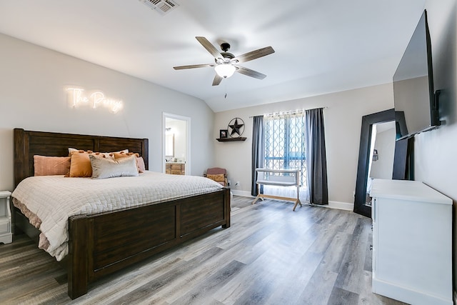 bedroom featuring baseboards, a ceiling fan, light wood finished floors, and visible vents