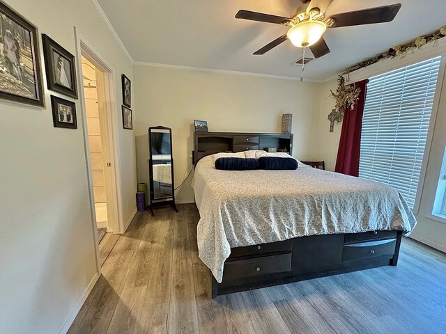 7754 S Copper Mountain Cir, San Angelo, TX 76901 - bedroom with wood finished floors, crown molding, and ceiling fan
