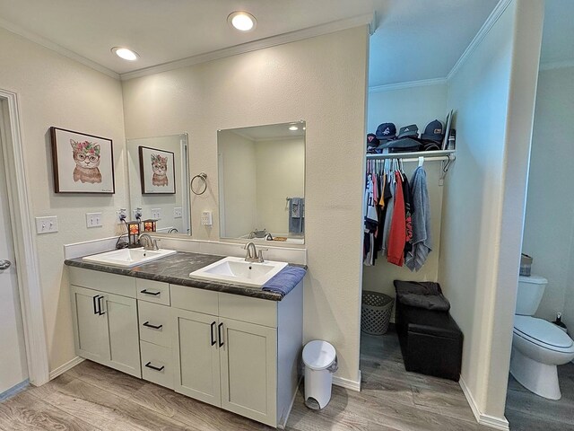 7754 S Copper Mountain Cir, San Angelo, TX 76901 - bathroom with wood finished floors, ornamental molding, double vanity, and a walk in closet