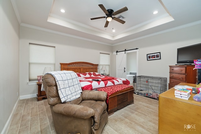 4400 Bobcat Trl, San Angelo, TX 76901 - bedroom featuring a barn door, a raised ceiling, ornamental molding, baseboards, and recessed lighting