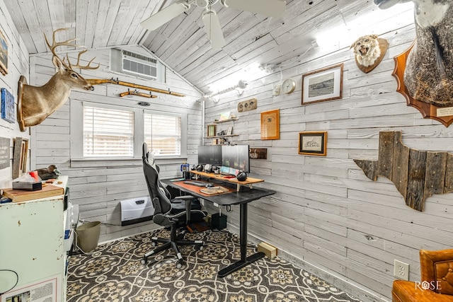 office space featuring lofted ceiling, wood ceiling, ceiling fan, wood walls, and a wall mounted AC