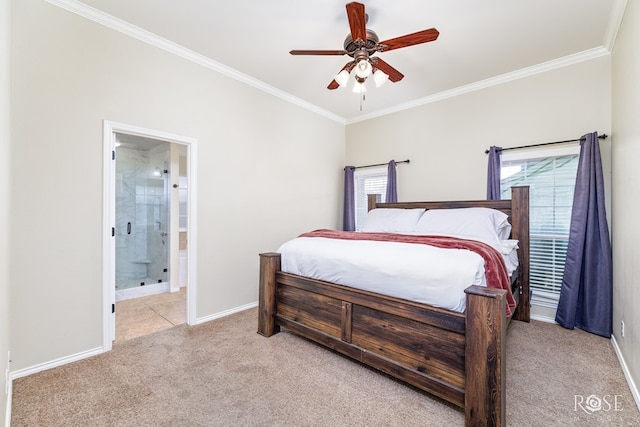 bedroom with light carpet, multiple windows, baseboards, and crown molding