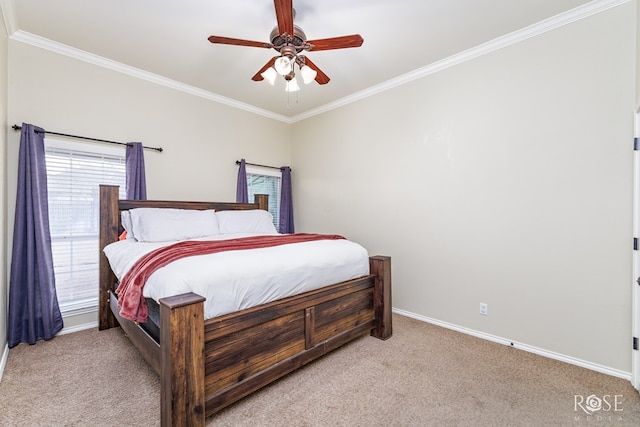 bedroom featuring baseboards, ornamental molding, a ceiling fan, and light colored carpet