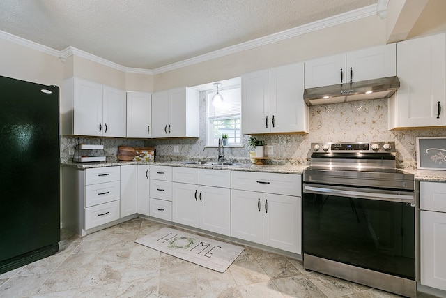 kitchen featuring stainless steel range with electric cooktop, freestanding refrigerator, under cabinet range hood, ornamental molding, and a sink