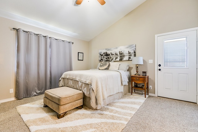 bedroom with ceiling fan, high vaulted ceiling, and carpet