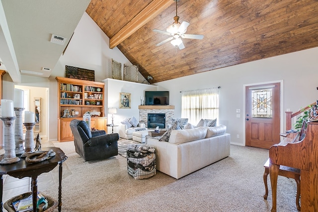 living room with a stone fireplace, high vaulted ceiling, light carpet, wooden ceiling, and beam ceiling