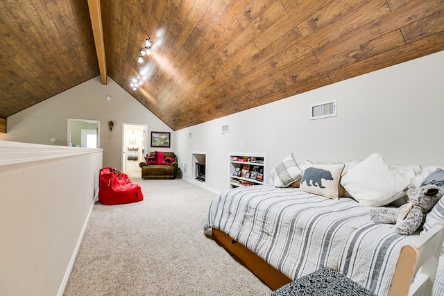 bedroom featuring wood ceiling, carpet floors, and lofted ceiling with beams