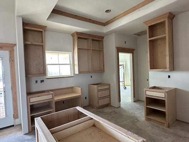 kitchen featuring open shelves and a raised ceiling