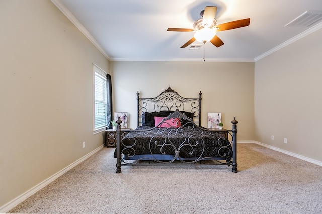 bedroom featuring carpet, ornamental molding, and ceiling fan