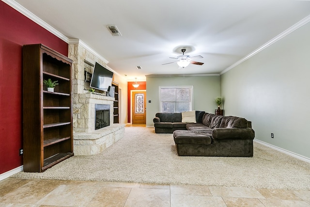 living room featuring a fireplace, ornamental molding, built in features, and ceiling fan