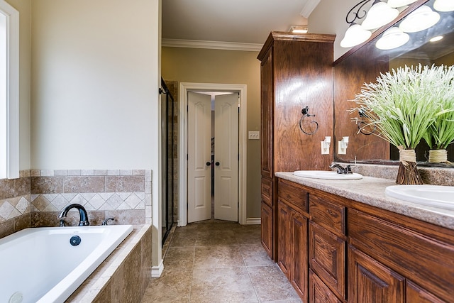 bathroom with ornamental molding, vanity, and plus walk in shower