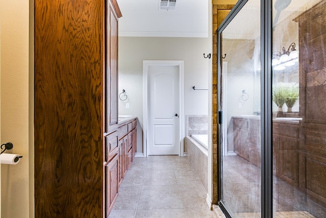 bathroom with shower with separate bathtub, vanity, tile patterned flooring, and ornamental molding