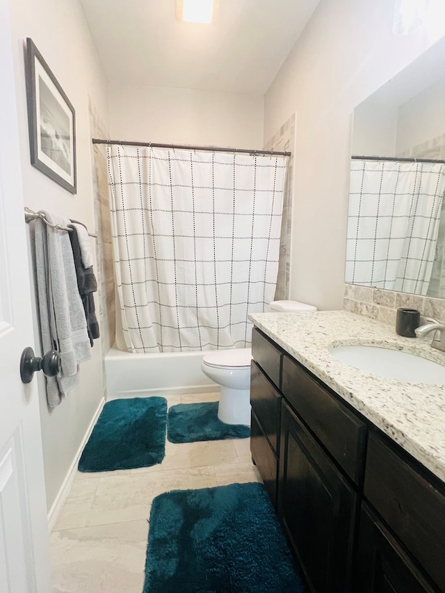 full bathroom featuring shower / bath combination with curtain, vanity, and toilet