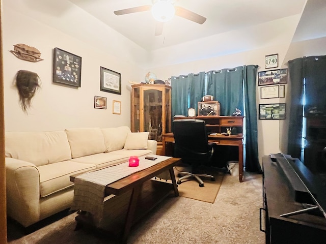 carpeted home office with ceiling fan