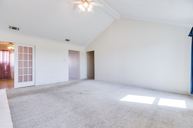 261 Edinburgh Rd, San Angelo, TX 76901 - carpeted empty room featuring visible vents, beam ceiling, ornamental molding, and a ceiling fan