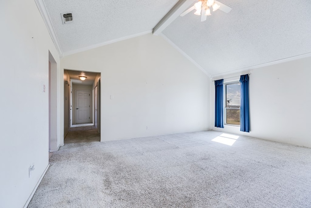 261 Edinburgh Rd, San Angelo, TX 76901 - carpeted spare room featuring a ceiling fan, vaulted ceiling with beams, a textured ceiling, visible vents, and ornamental molding