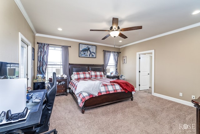 3504 Badger Ct, San Angelo, TX 76901 - bedroom with light carpet, multiple windows, ornamental molding, recessed lighting, and a ceiling fan