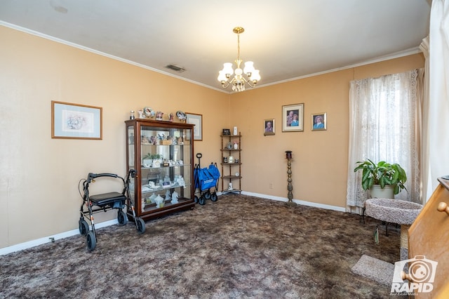 exercise area featuring an inviting chandelier, dark carpet, and crown molding