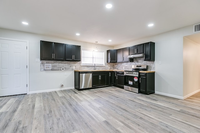 kitchen with stainless steel appliances, decorative backsplash, and light wood-type flooring