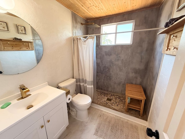 1702 Ellis St, San Angelo, TX 76905 - full bath with wood ceiling, toilet, tiled shower, and vanity