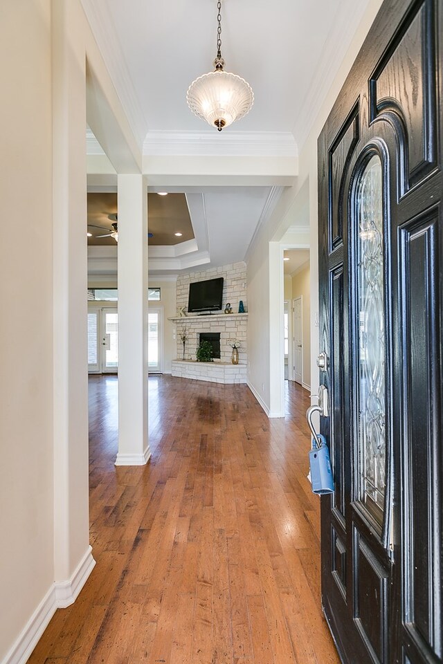 foyer with crown molding, a fireplace, a raised ceiling, and hardwood / wood-style flooring