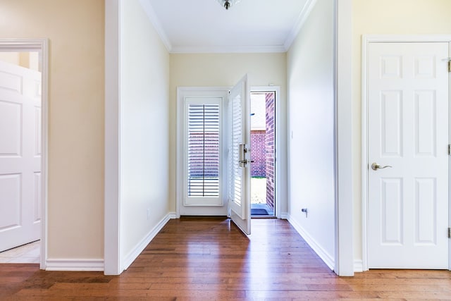 entrance foyer featuring crown molding and hardwood / wood-style flooring