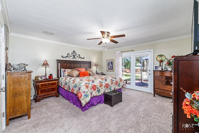 carpeted bedroom with access to exterior, ceiling fan, and crown molding