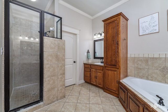 bathroom featuring tile patterned floors, a shower stall, a garden tub, and ornamental molding