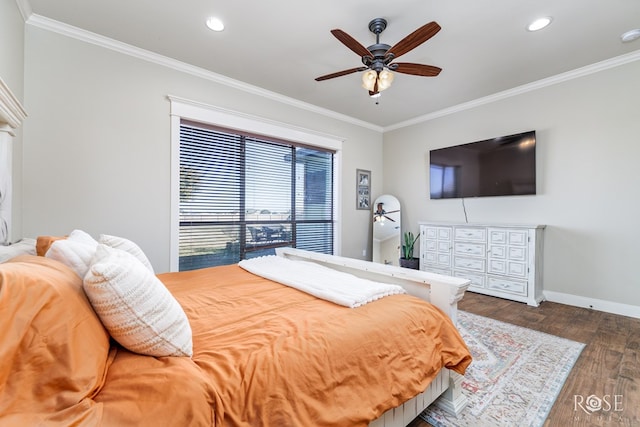 bedroom with recessed lighting, baseboards, ornamental molding, and dark wood finished floors