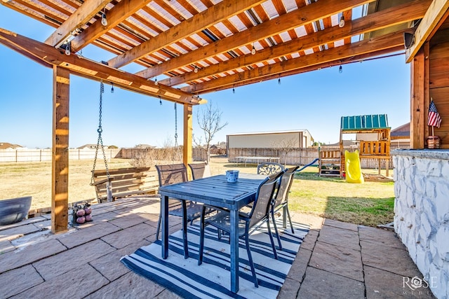 view of patio with outdoor dining area, a fenced backyard, a pergola, a playground, and a trampoline