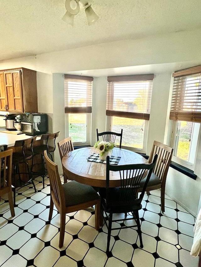 dining area featuring light floors, ceiling fan, a textured ceiling, and a wealth of natural light