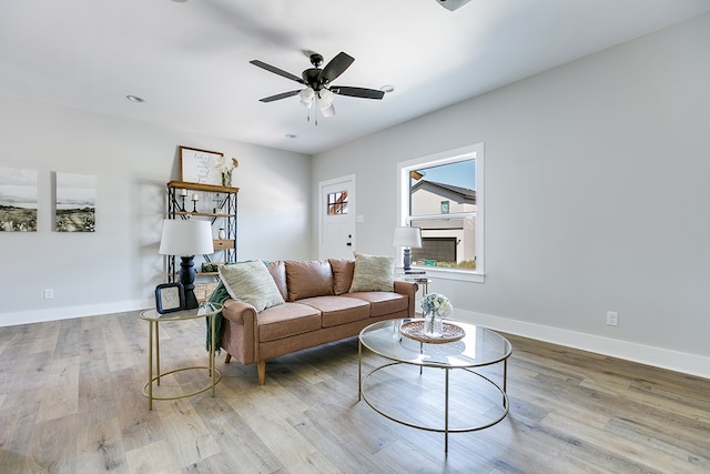 living room with ceiling fan and light hardwood / wood-style floors