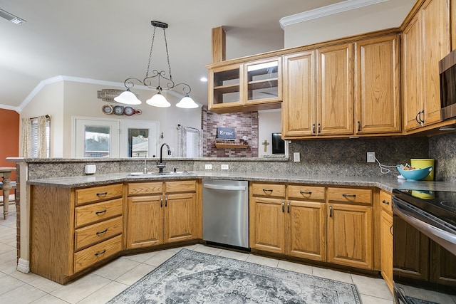 kitchen featuring dishwasher, ornamental molding, decorative backsplash, electric range, and a sink