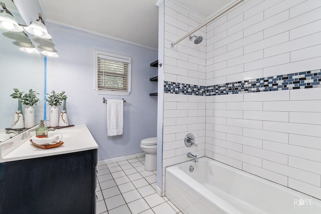 full bathroom featuring toilet, tiled shower / bath, vanity, ornamental molding, and tile patterned flooring