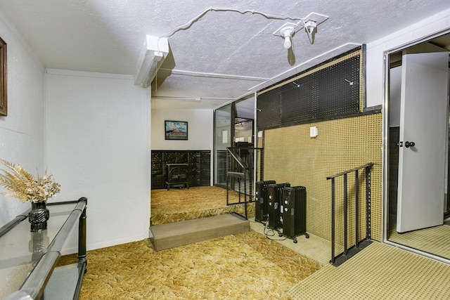 interior space with carpet flooring and a textured ceiling