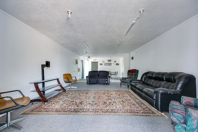 carpeted living area featuring a textured ceiling