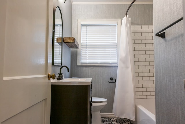 full bathroom with toilet, shower / bath combination with curtain, and vanity