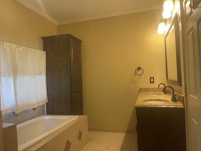 bathroom with tile patterned flooring, vanity, ornamental molding, and tiled tub