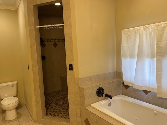 bathroom featuring toilet, plus walk in shower, tile patterned flooring, and crown molding