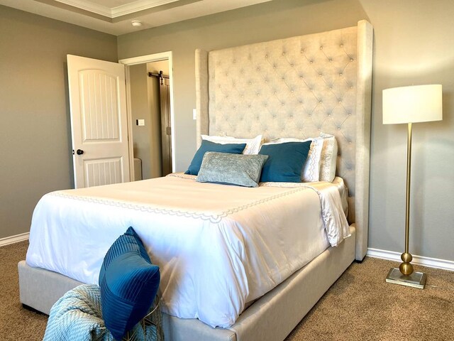 carpeted bedroom featuring crown molding, a tray ceiling, and a closet