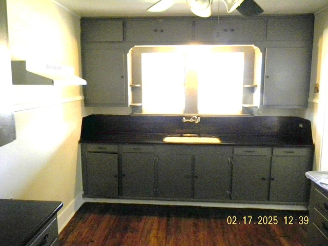 kitchen featuring gray cabinets, dark hardwood / wood-style flooring, sink, and ceiling fan