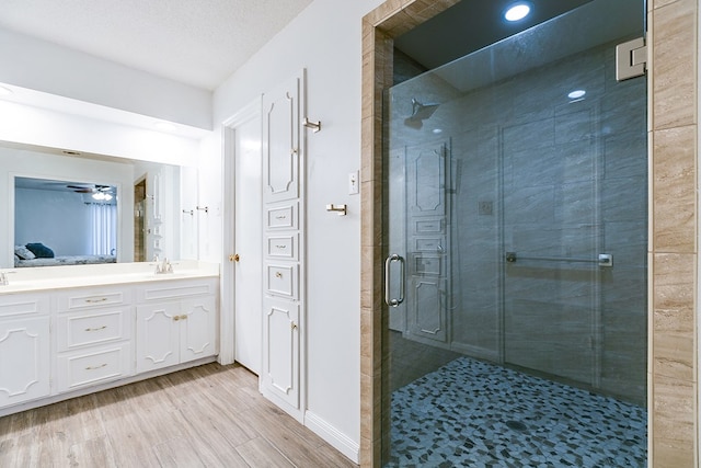 3305 Sierra Ct, San Angelo, TX 76904 - ensuite bathroom with a shower stall, vanity, wood finished floors, and baseboards