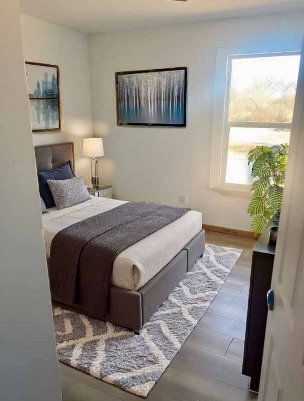 bedroom with baseboards and wood finished floors