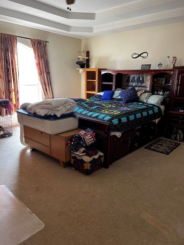 carpeted bedroom with a tray ceiling and a textured ceiling