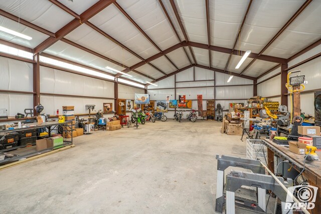 garage with a workshop area