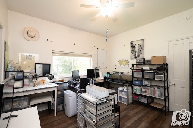 home office with dark wood-type flooring and ceiling fan