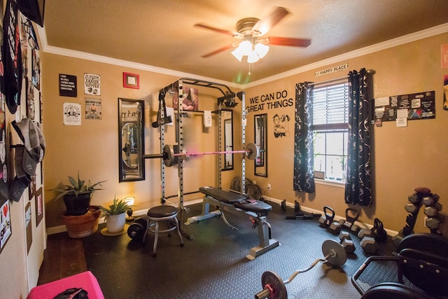 workout area featuring ceiling fan, ornamental molding, visible vents, and baseboards