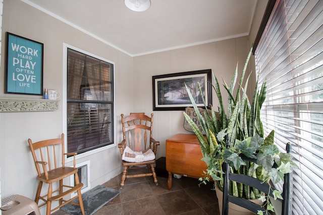 living area with dark tile patterned floors and crown molding